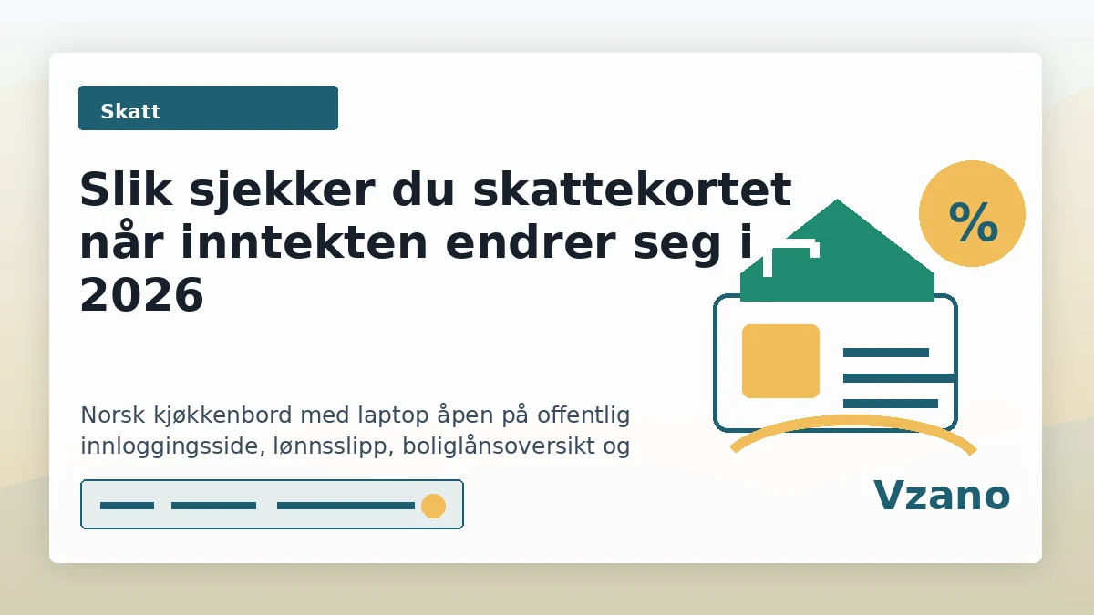 Laptop, lønnsslipp, boliglånsoversikt og kalkulator brukt til å sjekke skattekortet for 2026