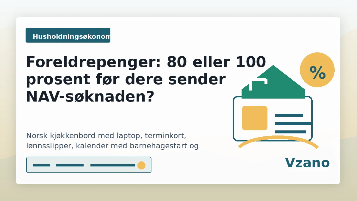 Norsk kjøkkenbord med laptop, terminkort, lønnsslipper, kalender med barnehagestart og budsjettark før NAV-søknad