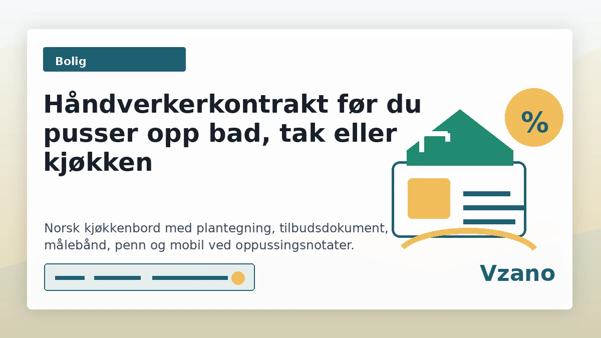 Norsk kjøkkenbord med plantegning, tilbudsdokument, målebånd, penn og mobil ved oppussingsnotater