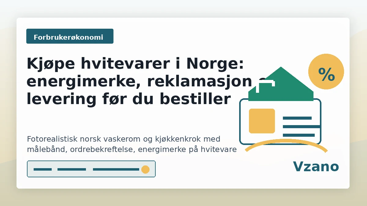 Norsk vaskerom og kjøkkenkrok med målebånd, ordrebekreftelse, energimerke på hvitevare og leveringsseddel på benk