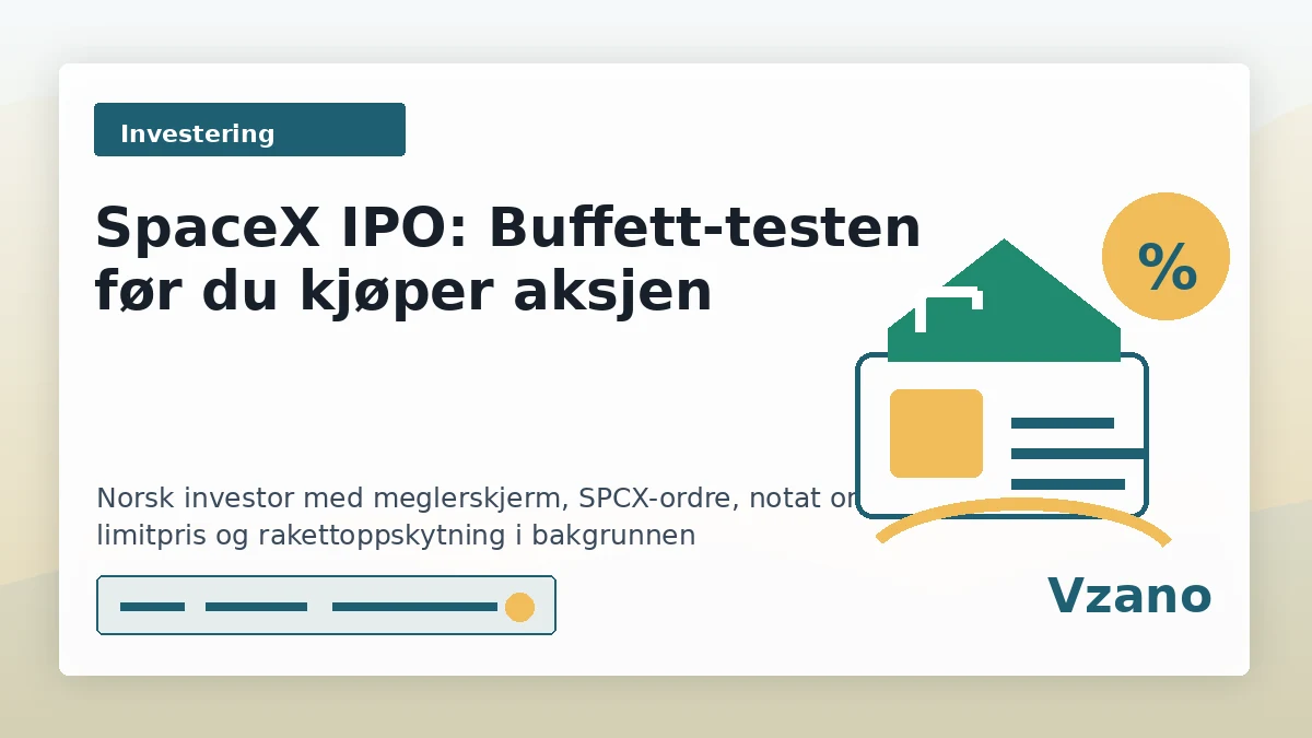 Vzano-grafikk med SpaceX IPO-tittel, investeringskort, aksjekurve og prosenttegn for SPCX-vurdering